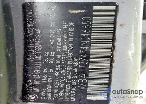 2004 BMW 325 I z USA, uszkodzony, nr VIN WBAET37434NJ46650